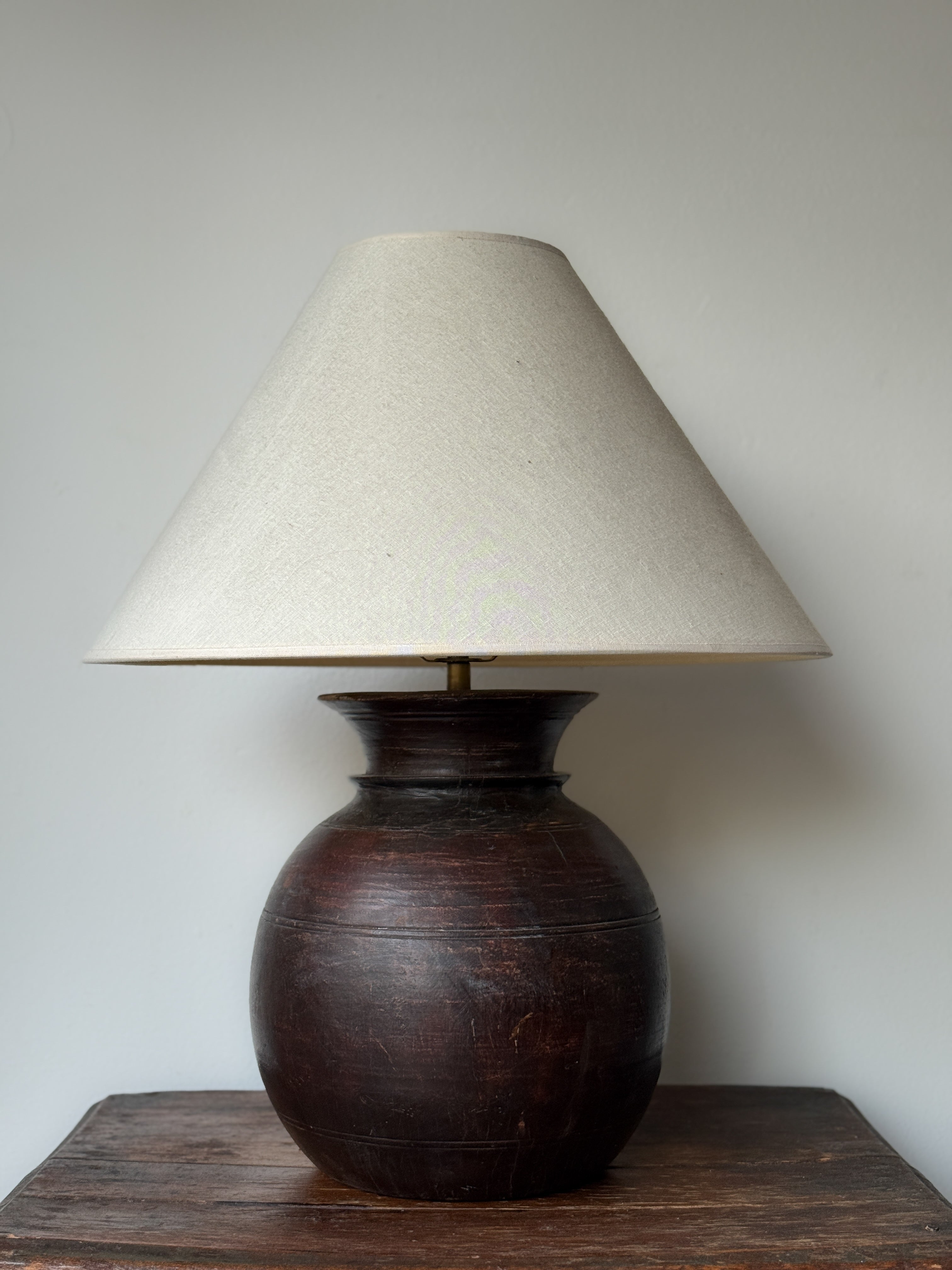 Antique Indian Wood Water Pot Lamp Base