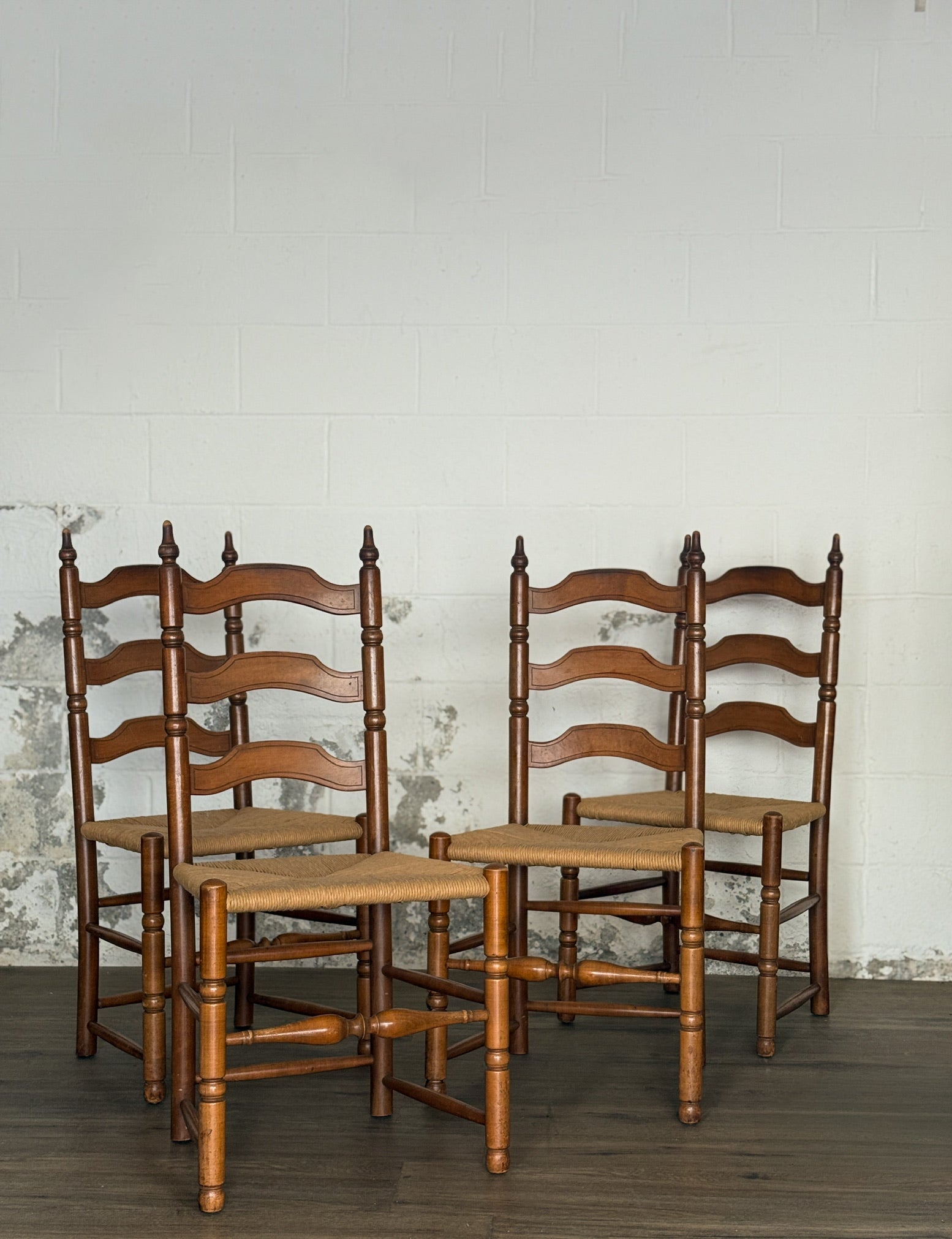 Antique Ladderback Chairs with Rush Seats