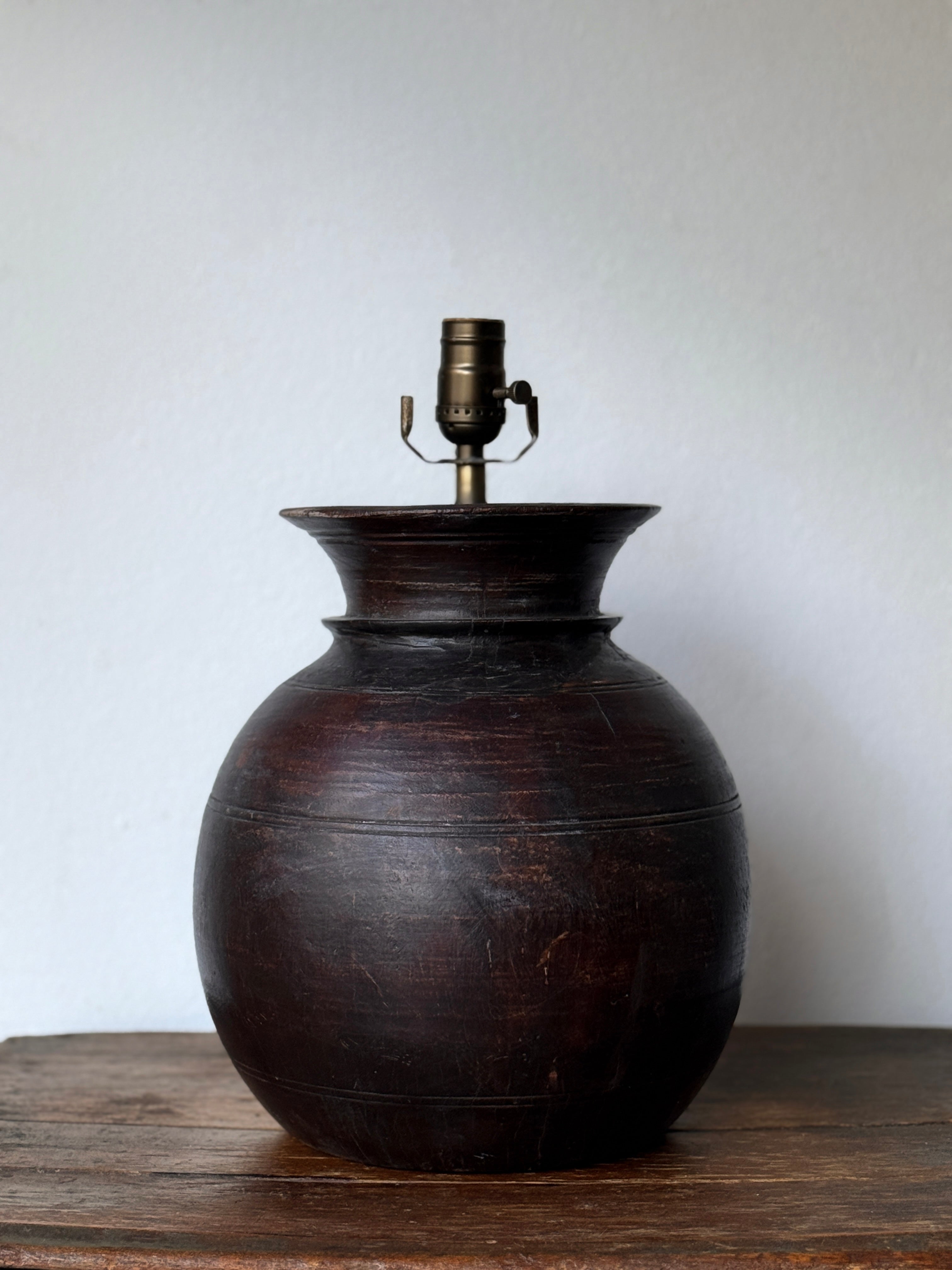 Antique Indian Wood Water Pot Lamp Base