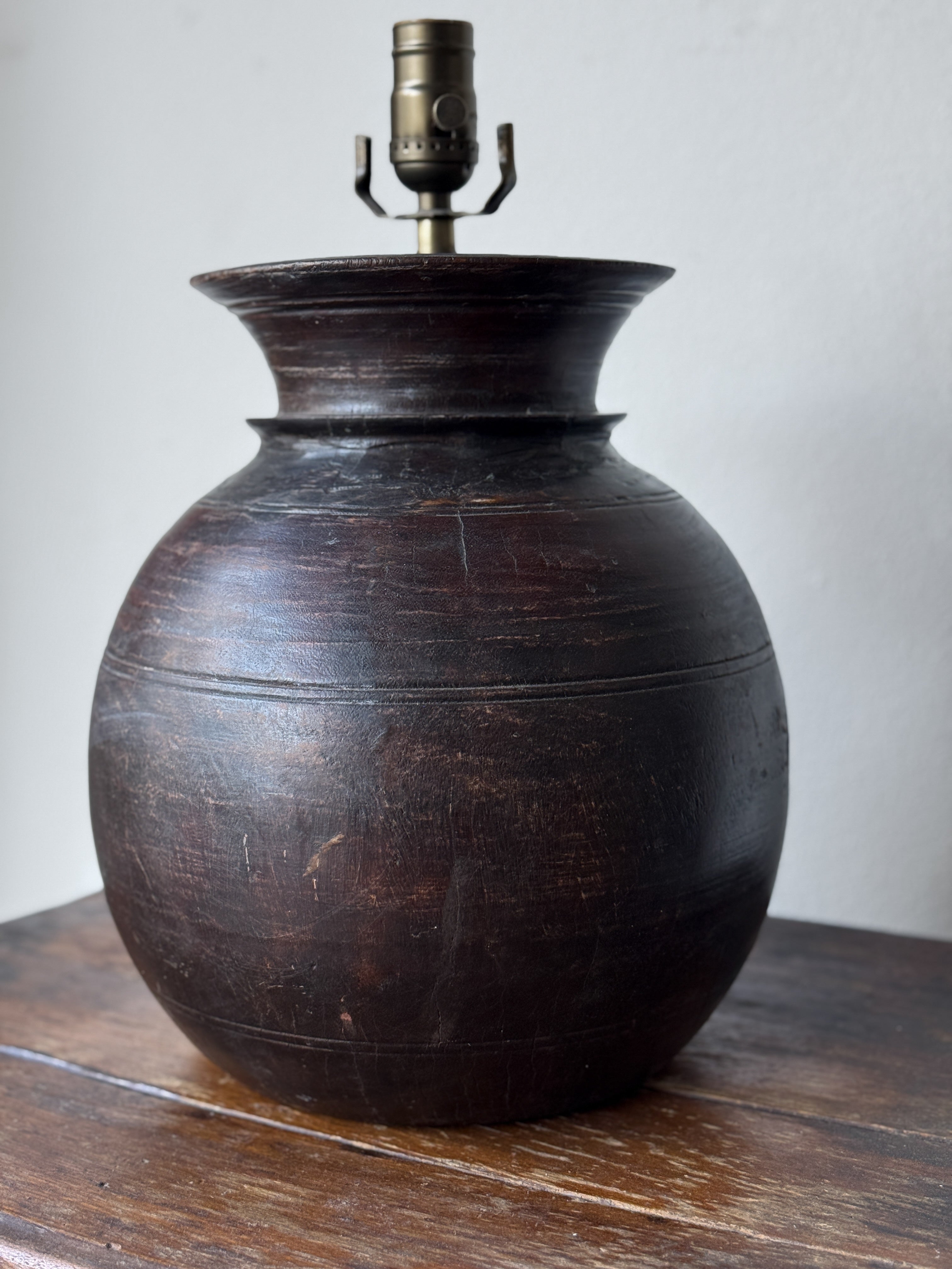 Antique Indian Wood Water Pot Lamp Base