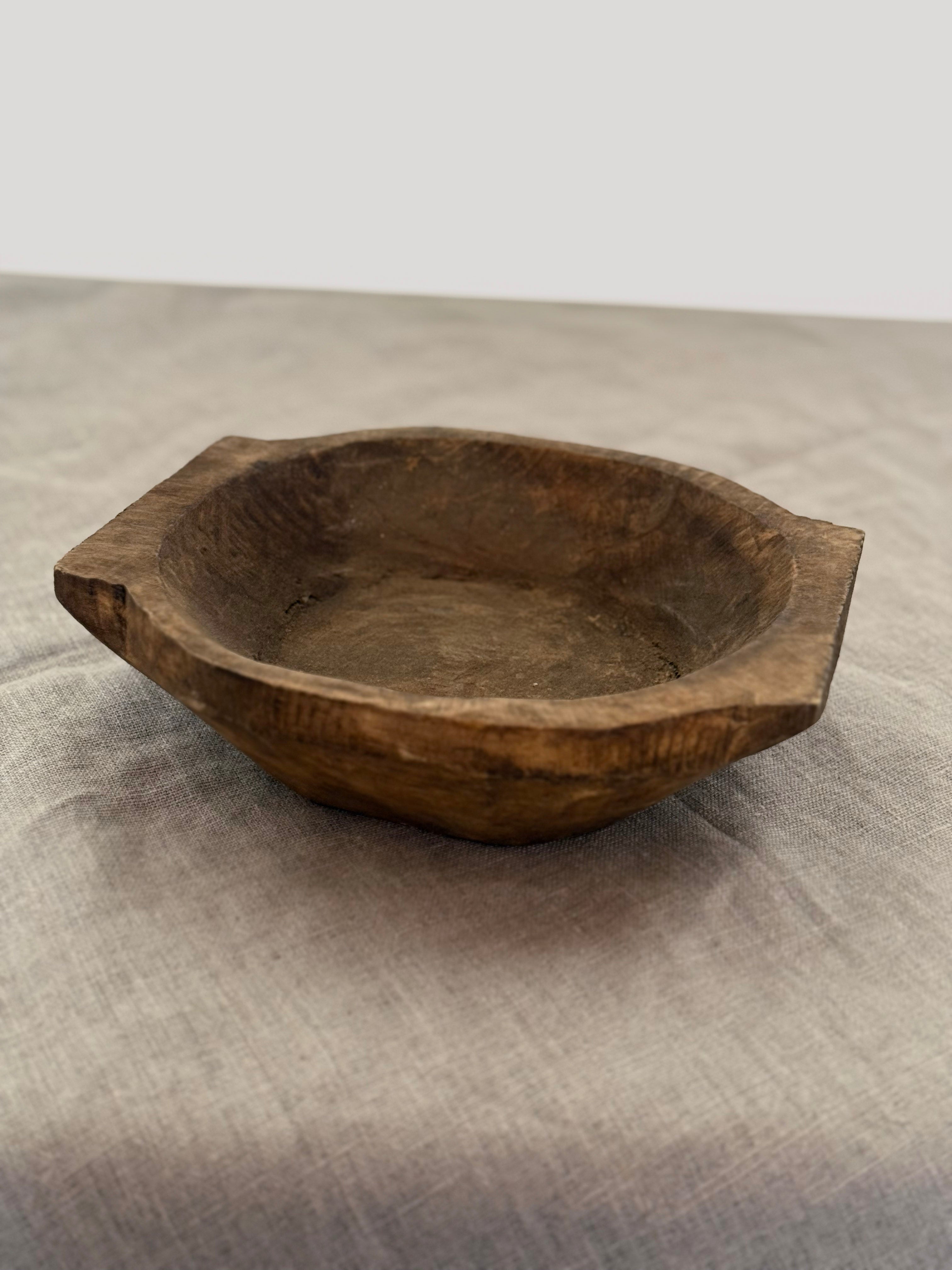 Square-Edged Primitive Style Hand Carved Wood Bowl