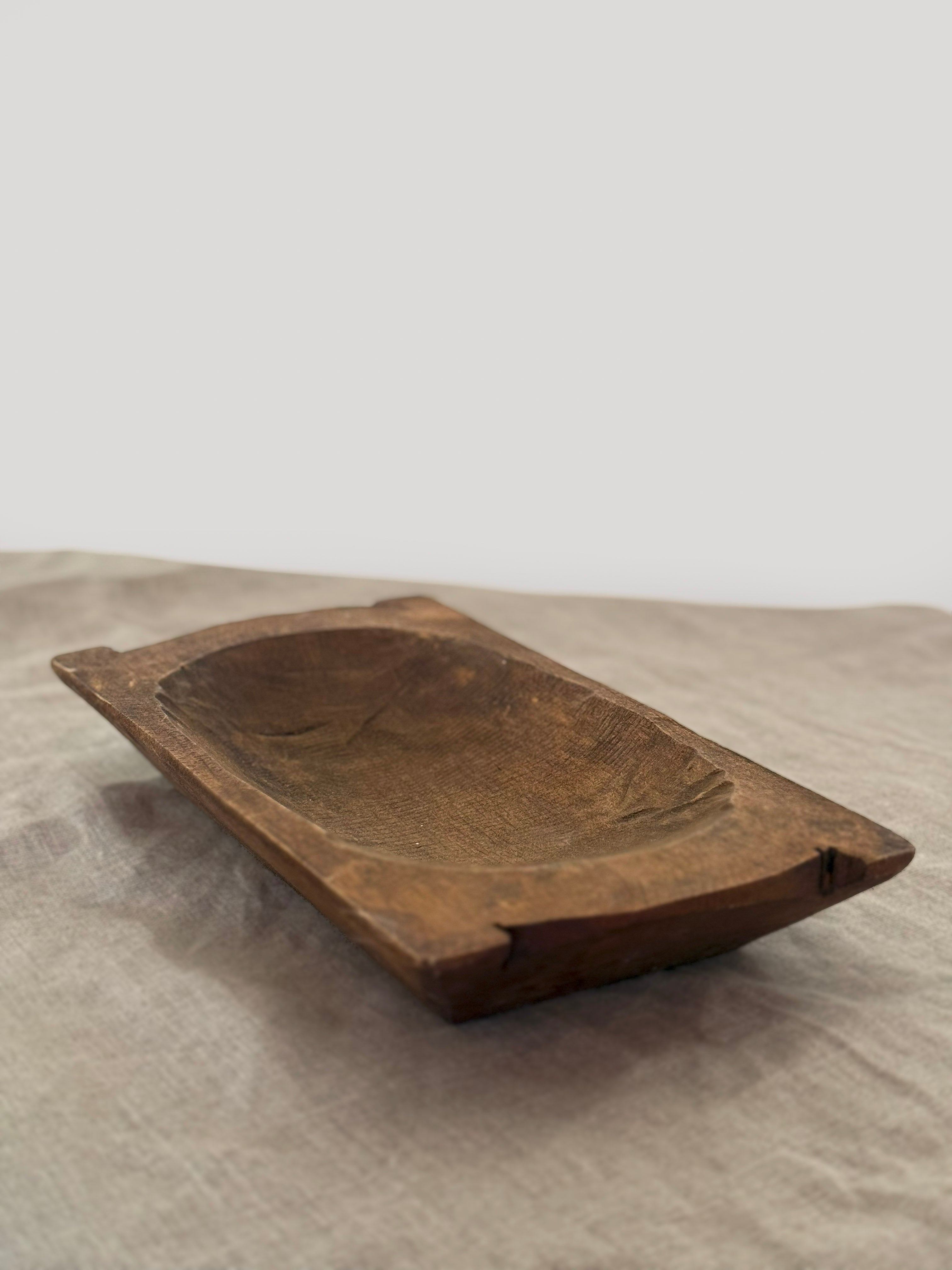 Primitive Style Rectangular Hand Carved Wood Bowl